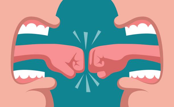 Two mouths facing each other and opened wide with the tongues turning into fists and fighting each other.